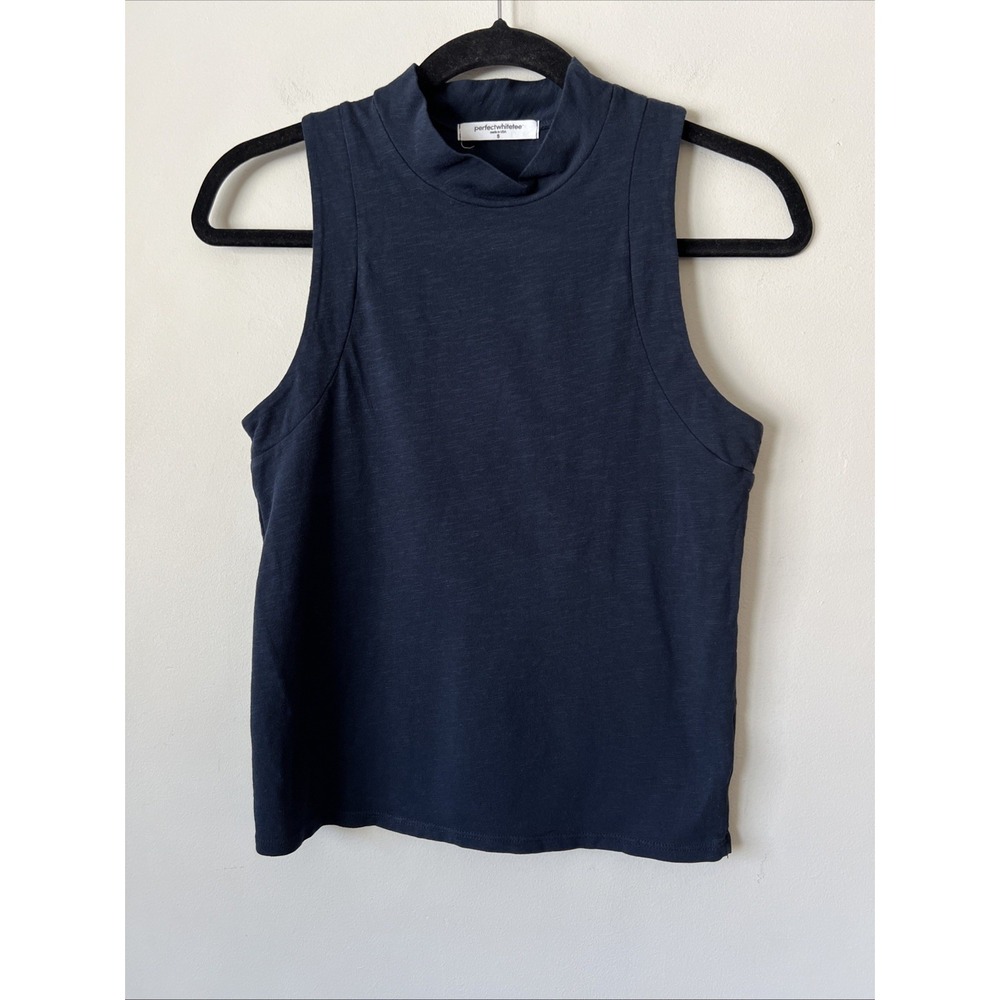 Perfect White Tee Phoebe slub jersey mock neck tank top size Small Navy